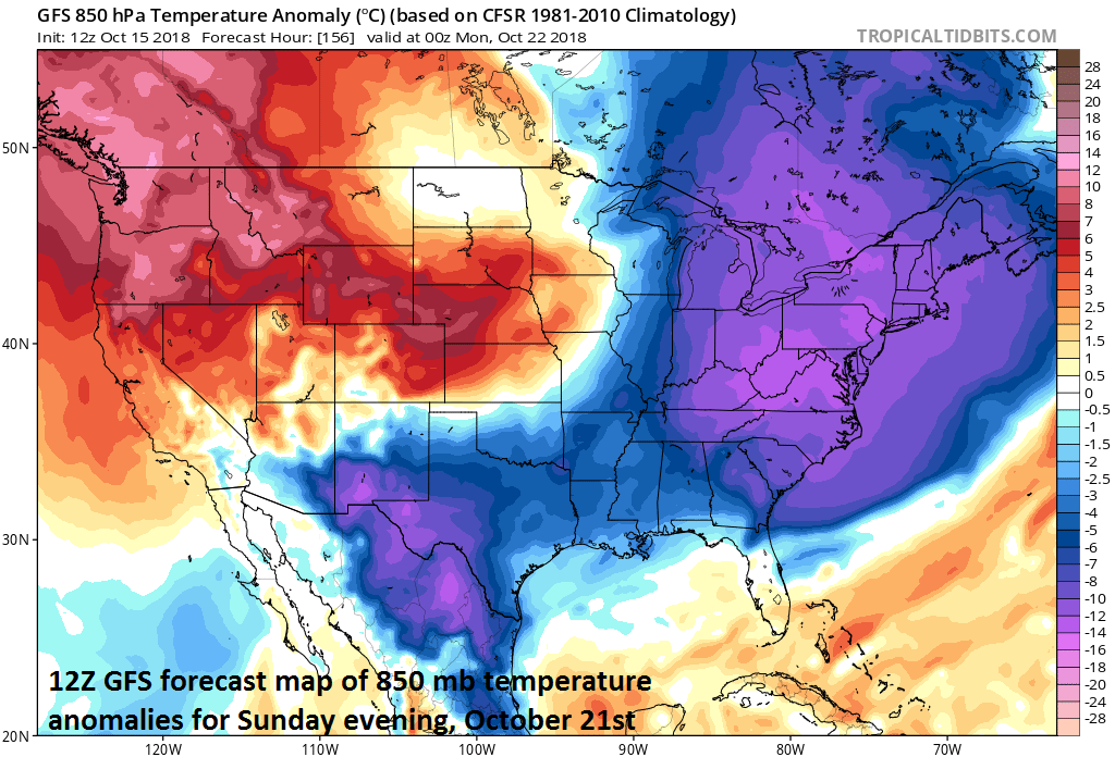 It’ll turn much cooler tomorrow in the Mid-Atlantic region, even colder on Thursday, and perhaps the coldest weather will take place on Sunday; courtesy NOAA, tropicaltidbits.com
