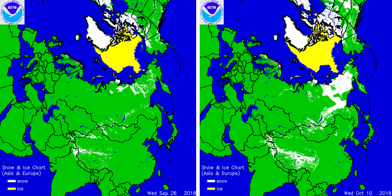 Some expansion of snowcover in Asia during the past couple of weeks and more accumulating snow is predicted in the near term; courtesy NOAA