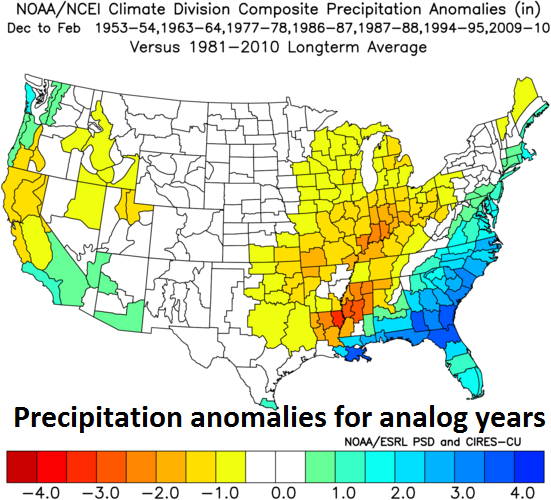 Precipitation anomalies for analog years featuring weak-to-moderate El Nino conditions in the central Pacific Ocean along with low solar activity; courtesy NOAA