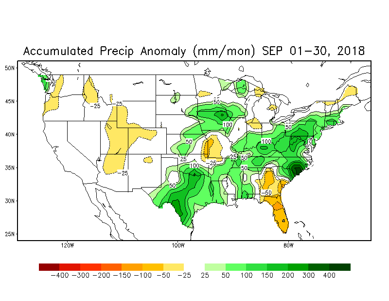 Soil moisture anomalies for the month of September with high levels in much of the eastern half of the nation; courtesy NOAA