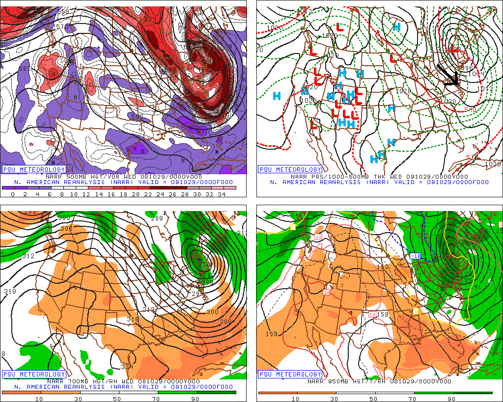 The weather maps are shown here at different levels of the atmosphere for the night of October 28th in 2008 which was the day after the suspended World Series game in Philly and the day before the resumed (and final) portion of the game. On this particular day in-between the suspended game and the resumed game, very cold air surged into the Philly metro region on the heels of a strong coastal storm and accumulating snow actually fell in some suburban locations. Credit for map: Penn State eWall (surface - upper right, 500 mb - upper left, 700 mb - lower left, 850 mb - lower right).