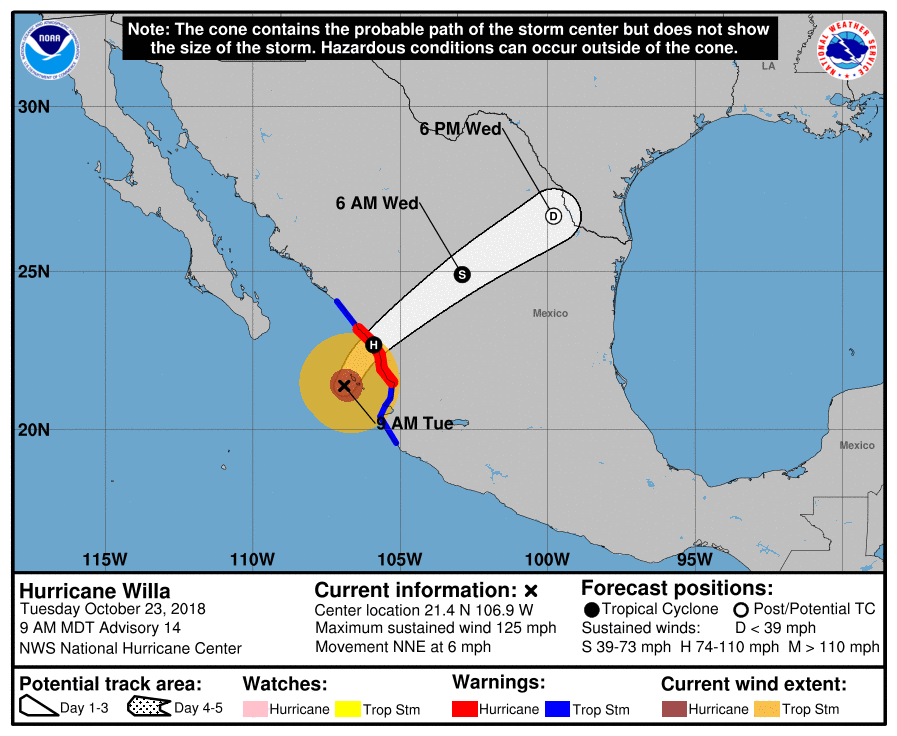 Hurricane Willa will continue to weaken as it moves to the northeast over the next couple of days; map courtesy NOAA/NHC