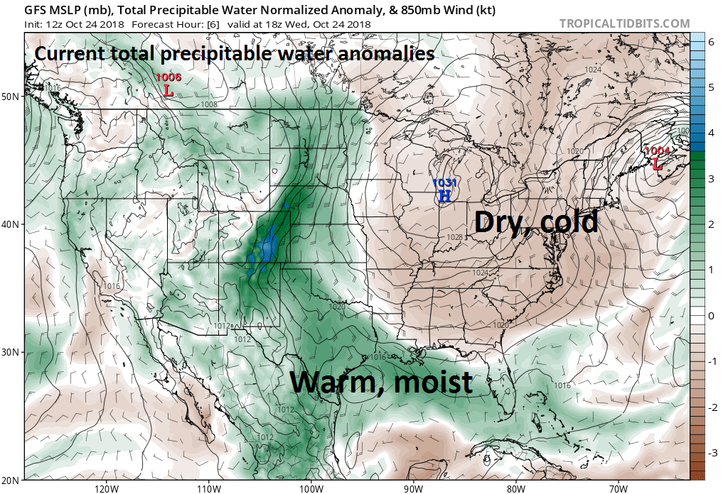 Very moist and warm air is currently in place over the Gulf of Mexico - some of which from Hurricane Willa - and this air mass will be forced up and over the dry, cold air in place across the Mid-Atlantic/Northeast US at the end of the week; courtesy NOAA, tropicaltidbits.com