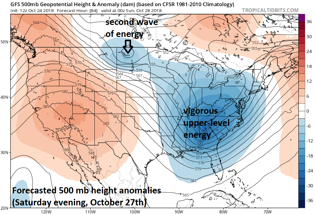 Two waves of energy will impact the eastern US over the next few days. The first wave will help to produce a strong low pressure system along the east coast from later Friday into late Saturday. The second system will generate additional showers in the Mid-Atlantic from late Sunday into Monday as it rotates through the large-scale upper-level trough. Courtesy NOAA, tropicaltidbits.com