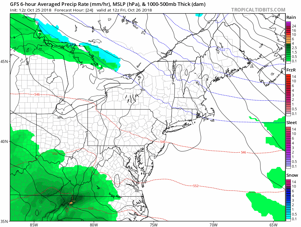 12Z GFS surface forecast maps extending from Friday morning (hour 24) to Monday evening (hour 108) featuring an initial storm near the east coast and then a second system late in the time period. Courtesy NOAA/EMC, tropicaltidbits.com