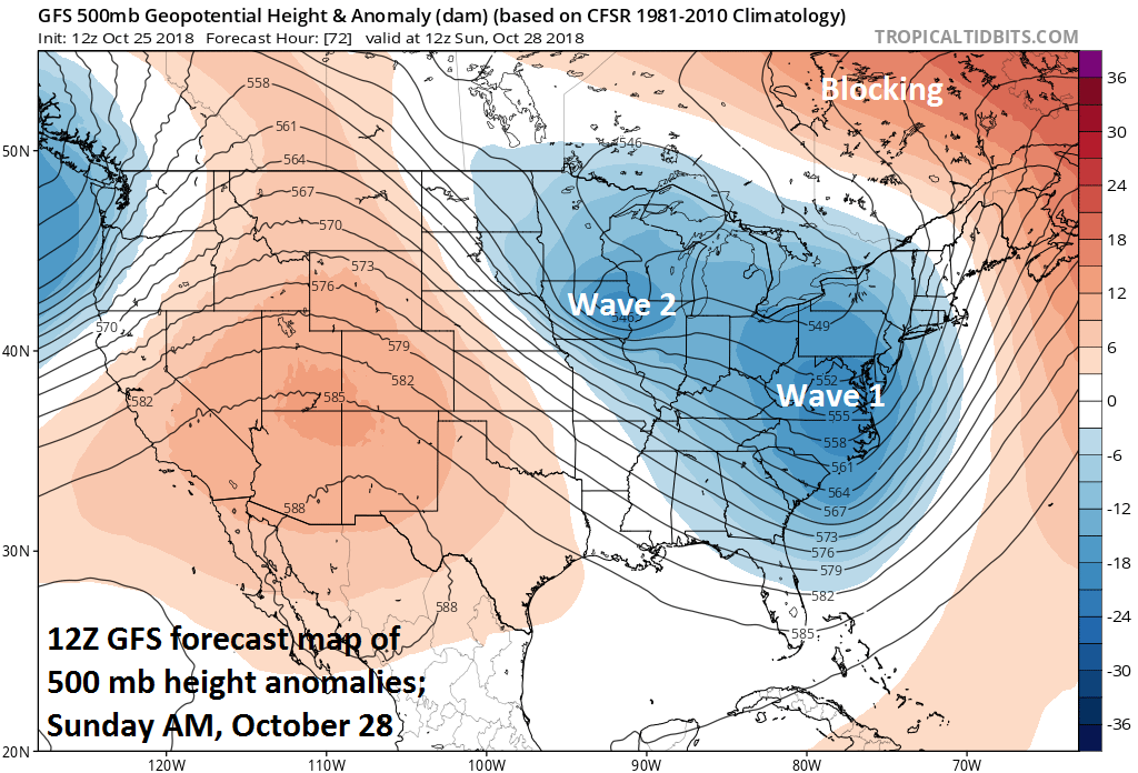 12Z GFS forecast map of 500 mb height anomalies on Sunday morning featuring “blocking” across SE Canada and two upper-level waves of energy over the eastern half of the US. Courtesy NOAA/EMC, tropicaltidbits.com