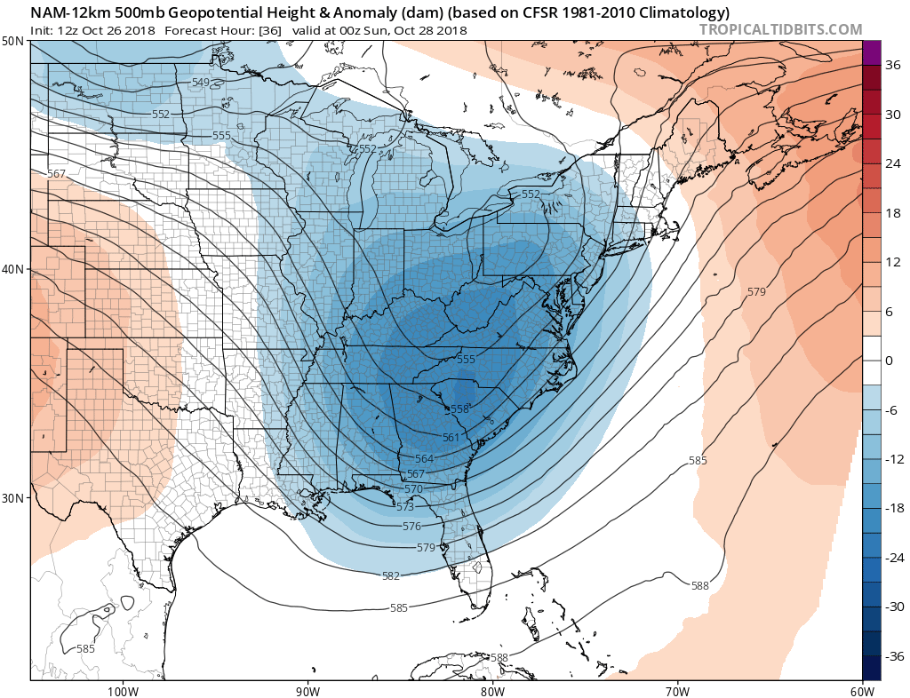 12Z NAM forecast map of 500 mb height anomalies for Saturday evening with deep upper-level trough over the Southeast US and a second (weaker) system over the Northern Plains; courtesy NOAA/EMC, tropicaltidbits.com