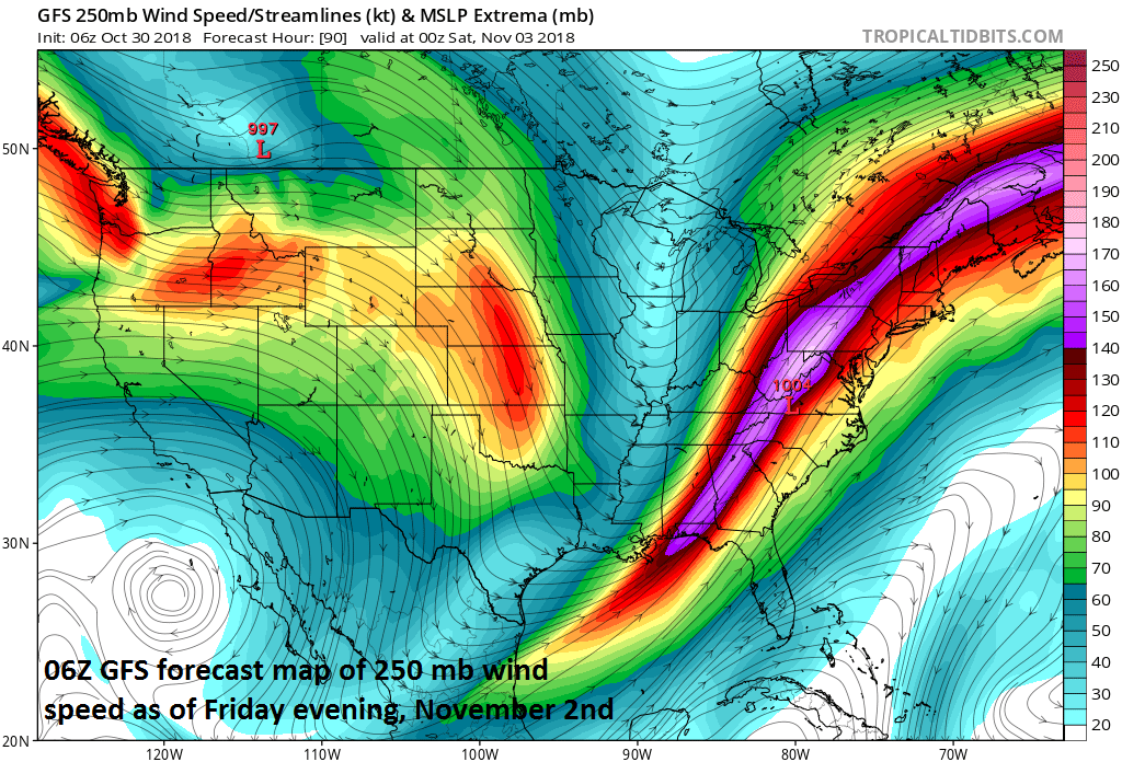 A powerful jet streak will contribute to a large-scale precipitation event across much of the nation during the next few days; courtesy NOAA/EMC, tropicaltidbits.com