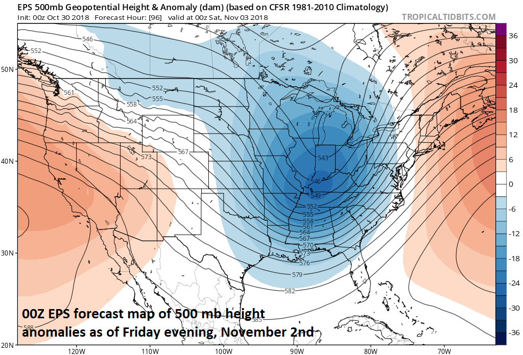 00Z Euro ensemble forecast map of 500 mb height anomalies features a deep upper-level trough at the end of the week; courtesy ECMWF, tropicaltidbits.com