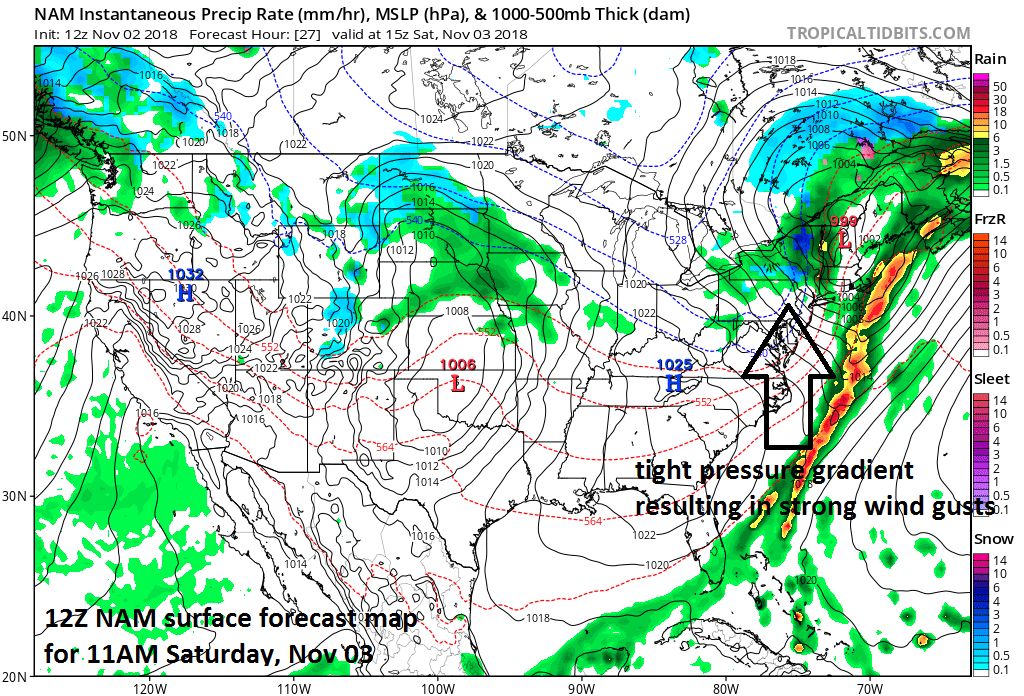 A tight pressure gradient (indicated by “close together” isobars=black lines) on Saturday between the departing low pressure system and building high pressure will result in 50+ mph wind gusts in parts of the I-95 corridor; courtesy NOAA/EMC, tropicaltidbits.com