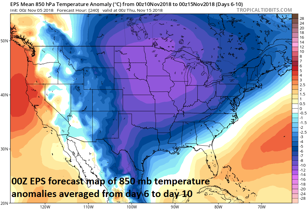 00Z Euro ensemble model forecast map of 850 mb temperature anomalies averaged over the 5-day period from day 6 (Saturday, November 10) to day 10 (Thursday, November 15); courtesy ECMWF, tropicaltidbits.com