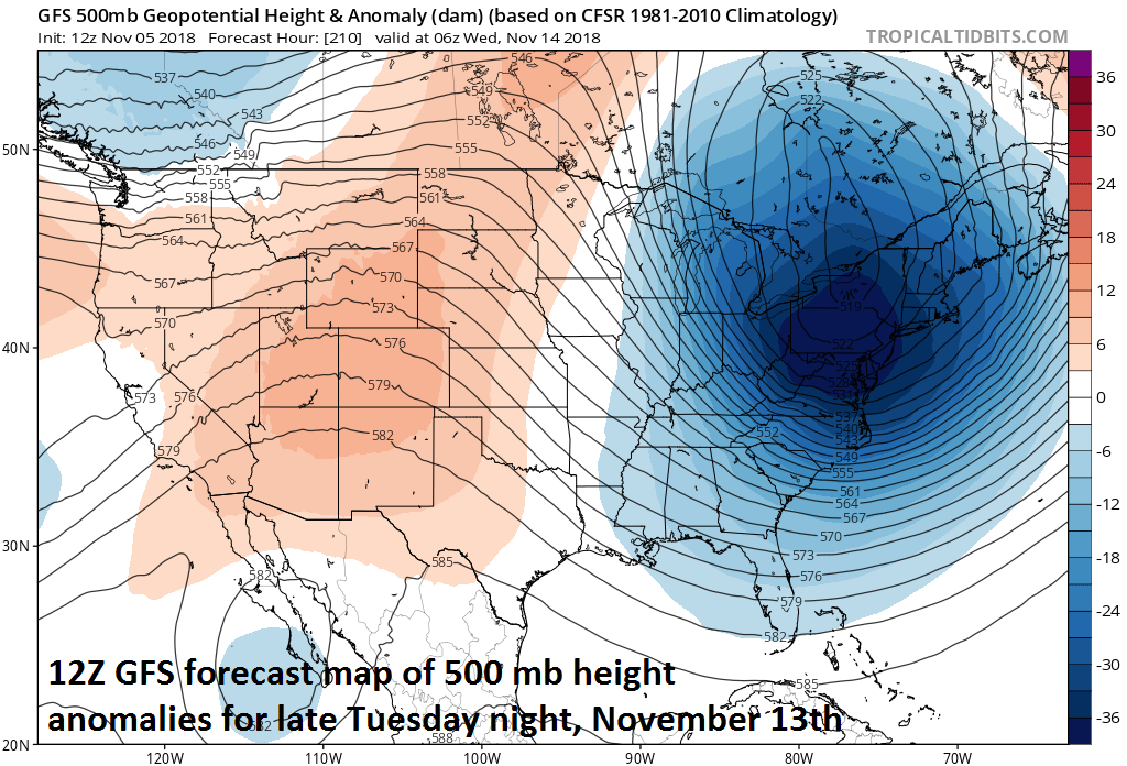 Signs point to a strong wave of energy in the upper atmosphere early next week that could set off the development of a storm near the Mid-Atlantic coastline depending on how far south it “digs”; courtesy NOAA/EMC, tropicaltidbits.com