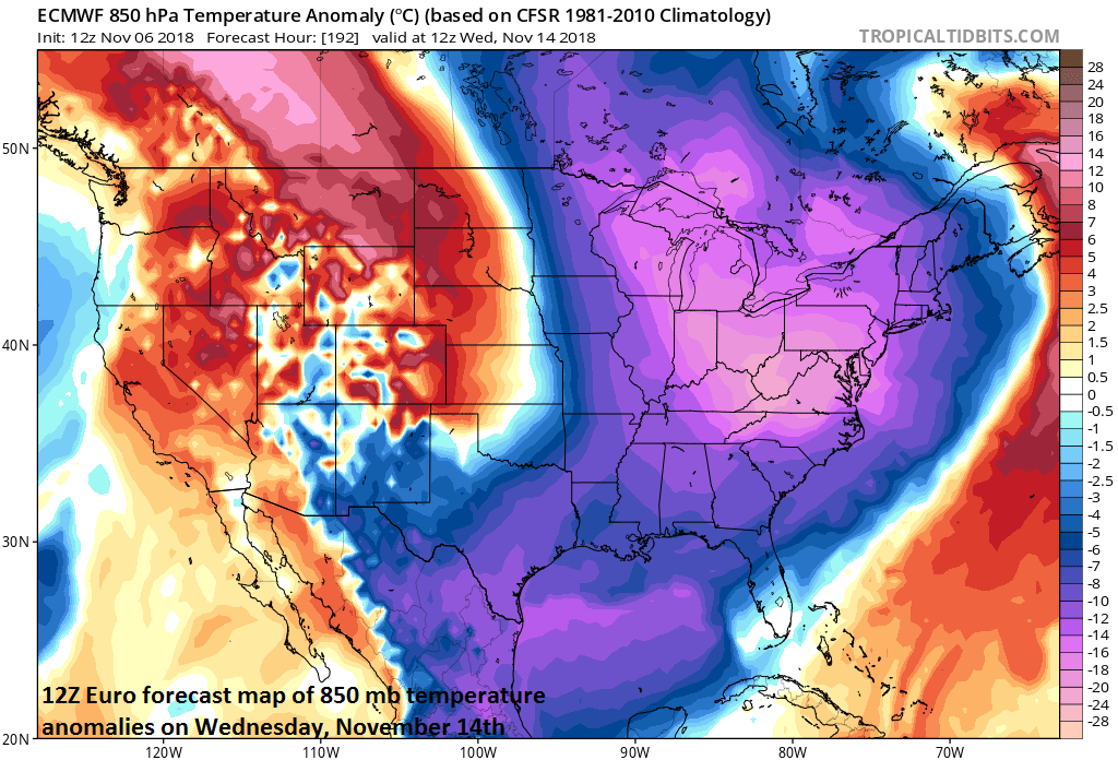 Widespread colder-than-normal air by the middle of next week in the eastern half of the nation; courtesy ECMWF, tropicaltidbits.com