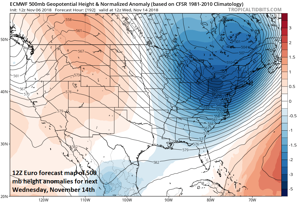 12Z Euro features a deep upper-level low in the Northeast US during the middle of next week; courtesy ECMWF, tropicaltidbits.com
