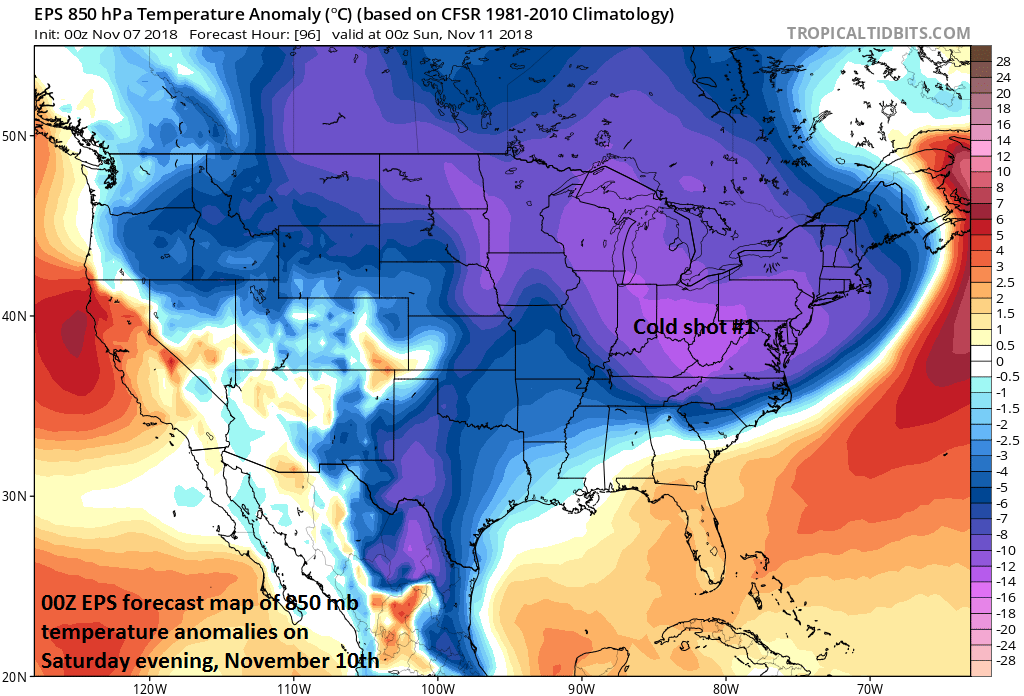 Cold shot #1 arrives for the weekend following a rainy Friday; courtesy ECMWF, tropicaltidbits.com