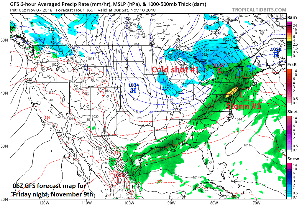 Storm #1 produces more soaking rain in the Mid-Atlantic region on Friday; courtesy NOAA/EMC, tropicaltidbits.com