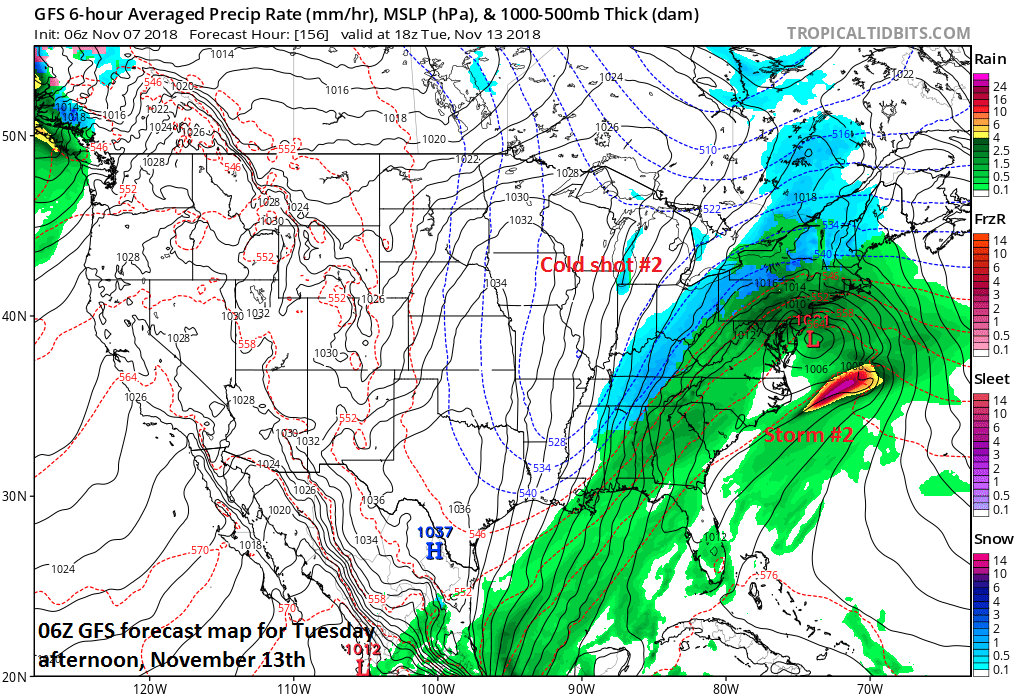 Storm #2 to be followed by cold shot #2; courtesy NOAA/EMC, tropicaltidbits.com