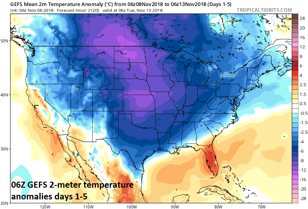 06Z GEFS 2-meter temperature anomalies averaged out over days 1-5; courtesy NOAA/EMC, tropicaltidbits.com
