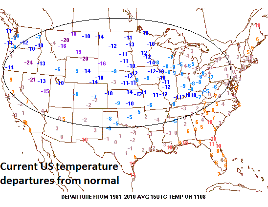 Temperature departures from normal at mid-morning; courtesy Penn State eWall, NOAA