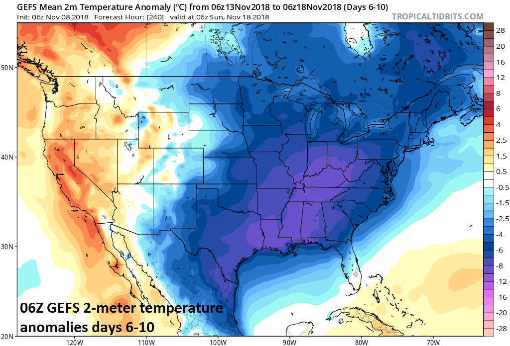 06Z GEFS 2-meter temperature anomalies averaged out over days 6-10; courtesy NOAA/EMC, tropicaltidbits.com
