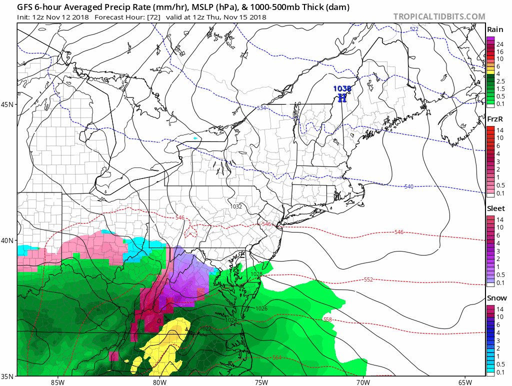 12Z GFS surface forecast maps from Thursday morning (hour 72) until Friday morning (hour 96) in 6-hour increments with wintry precipitation (i.e., snow-blue, sleet-purple, freezing rain-pink) seen from I-95 to points north and west; courtesy NOAA/EMC, tropicaltibits.com
