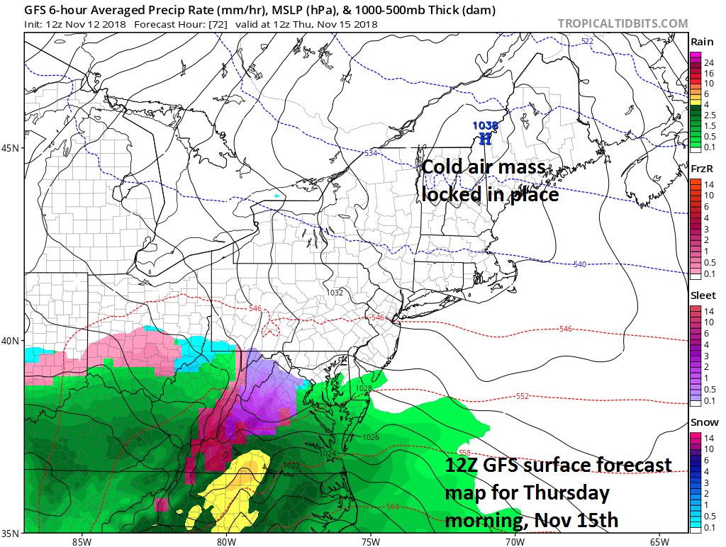 As moisture arrives in the DC-to-Philly-to-NYC corridor on Thursday, enough cold air may be in place for the season’s first encounter with wintry precipitation; courtesy NOAA/EMC, tropicaltidbits.com