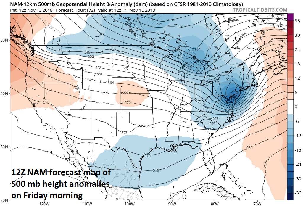 Vigorous upper-level energy on Friday morning as depicted by the 12Z NAM will aid in the formation of a strong coastal low; courtesy NOAA/EMC, tropicaltidbits.com