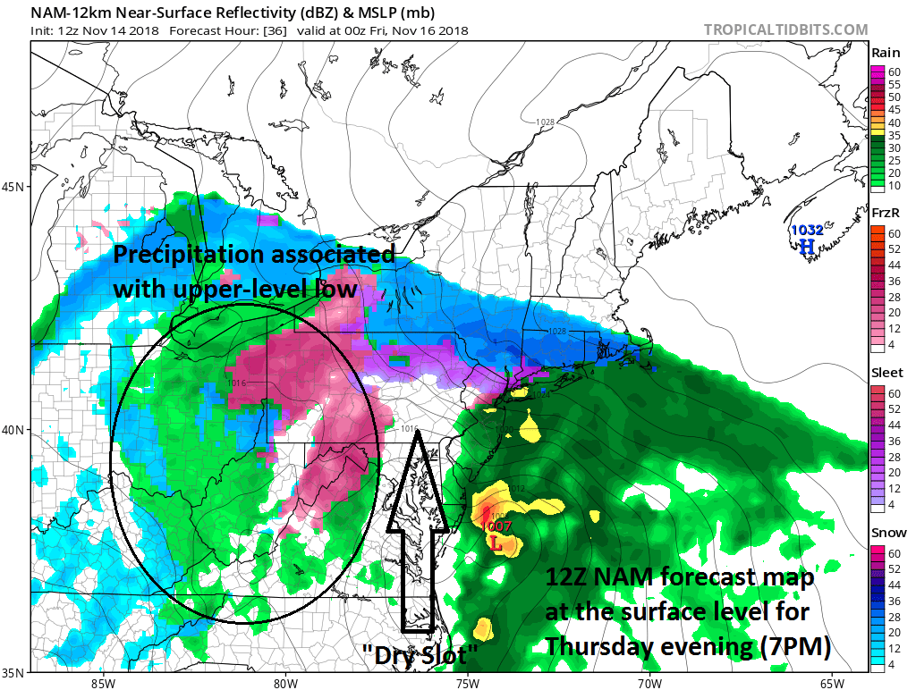 12Z NAM forecast map at the surface level for tomorrow evening with the look of a “dry slot” in terms of precipitation as well as mixed precipitation associated with the upper-level low over the Ohio Valley and western Mid-Atlantic; courtesy NOAA/EMC, tropicaltidbits.com