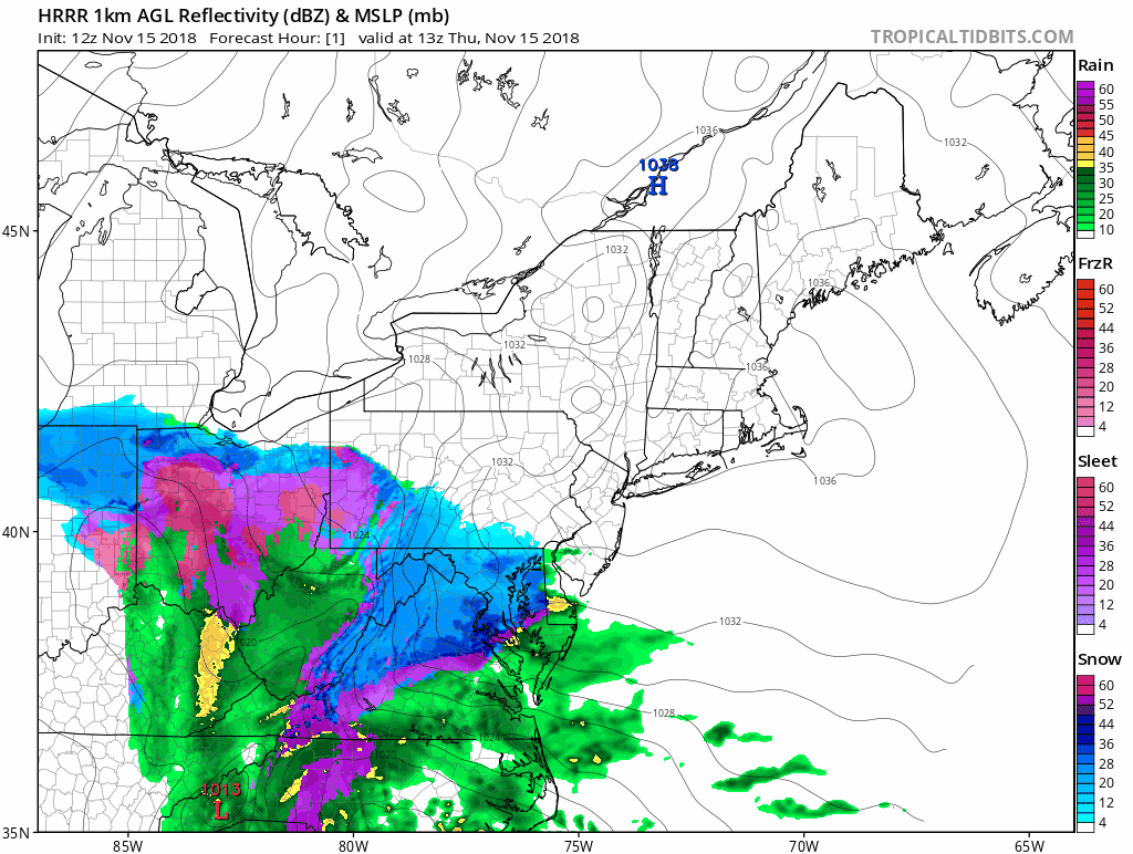 High-resolution forecasts maps for this storm from early Thursday to early Friday; courtesy NOAA/EMC (HRRR model), tropicaltidsbits.com