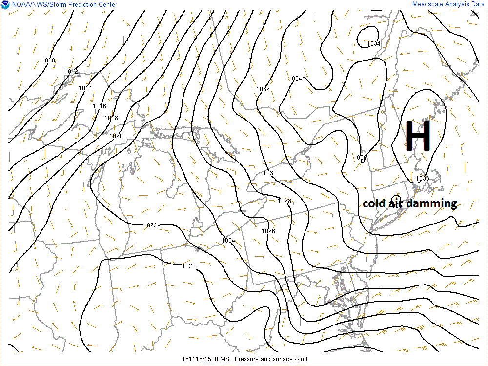 Latest surface map features a classic setup for snow in the I-95 corridor with strong high pressure to the north and “cold air damming”; courtesy NOAA
