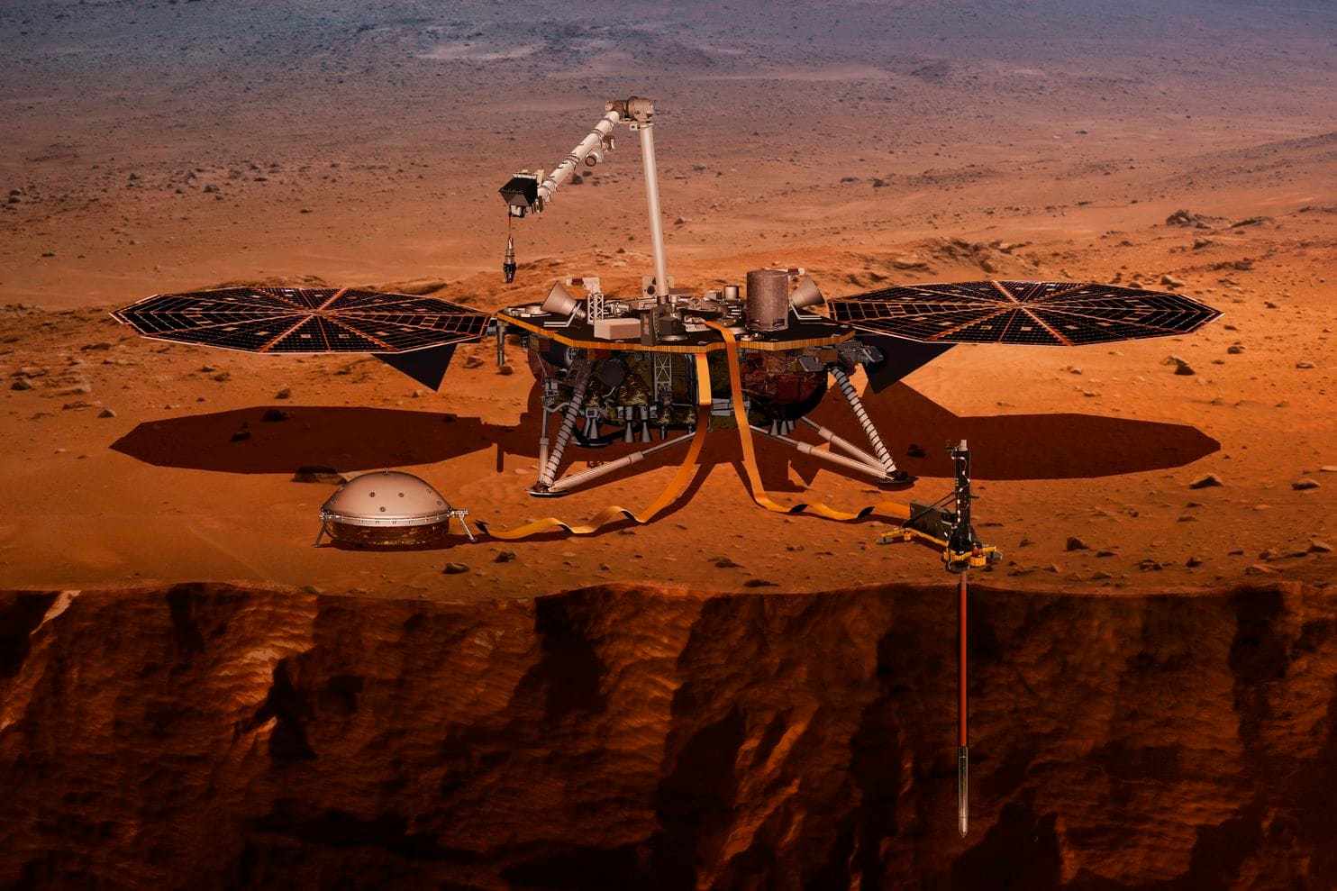 An illustration of NASA's InSight lander drilling into the surface of Mars. (NASA via AP)