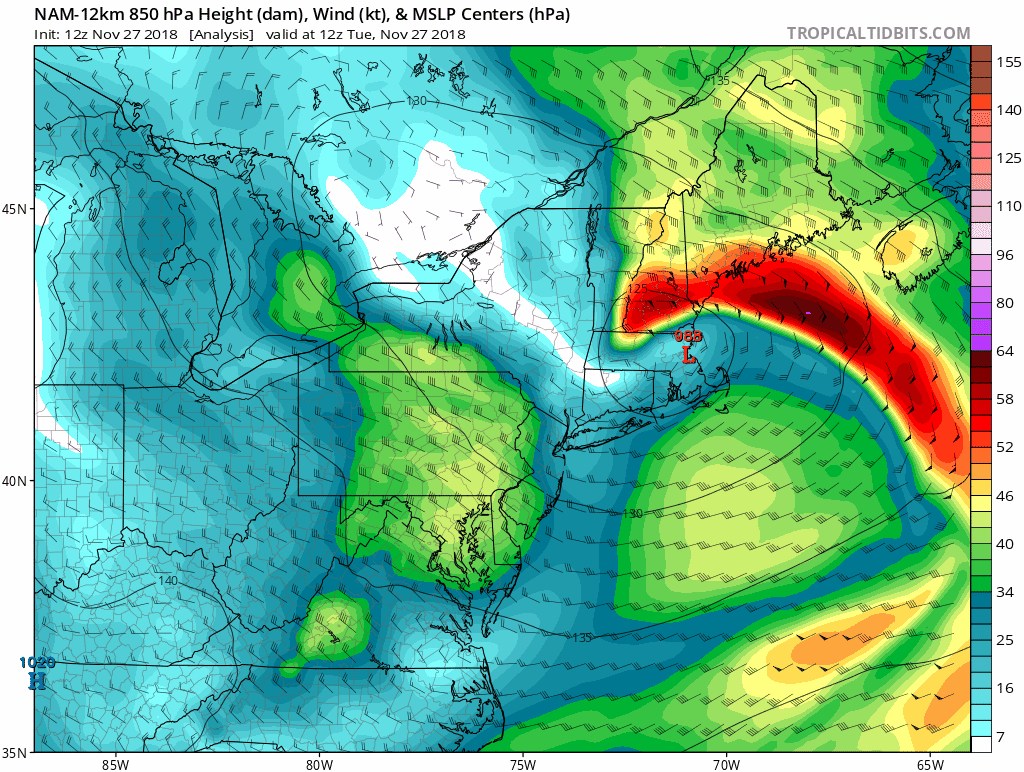 12Z NAM forecast maps of 850 mb winds during the next 36 hours. The winds increase in this time period and reach a peak late tonight/early Wednesday as the overall pressure gradient tightens. Courtesy NOAA/EMC, tropicaltidbits.com