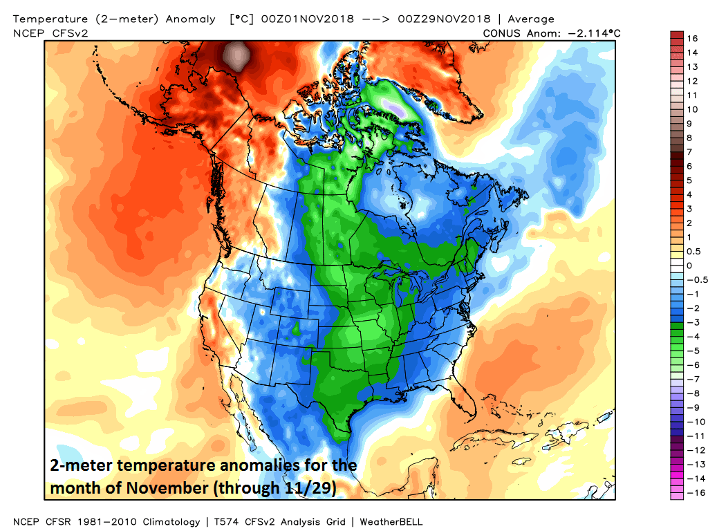 The month of November has been colder-than-normal across much of Canada and the US; map courtesy Weather Bell Analytics at weatherbell.com