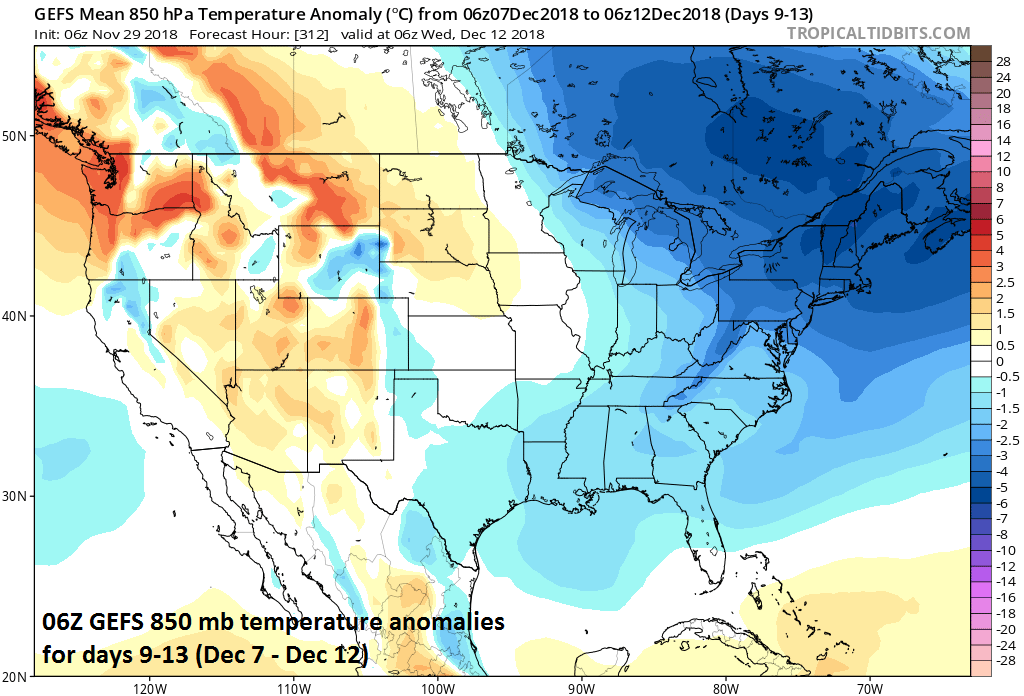 Colder-than-normal conditions expected during days 9-13 across much of the eastern half of the nation while the western states return to near normal; courtesy NOAA/EMC, tropicaltidbits.com