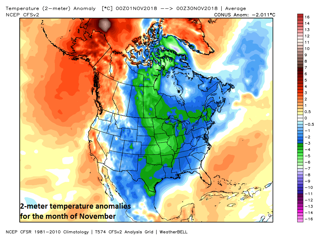 2-meter temperature anomalies for the month of November with colder-than-normal conditions (blue, green) extending from Mexico-to-Canada; map courtesy Weather Bell Analytics at weatherbell.com , NOAA