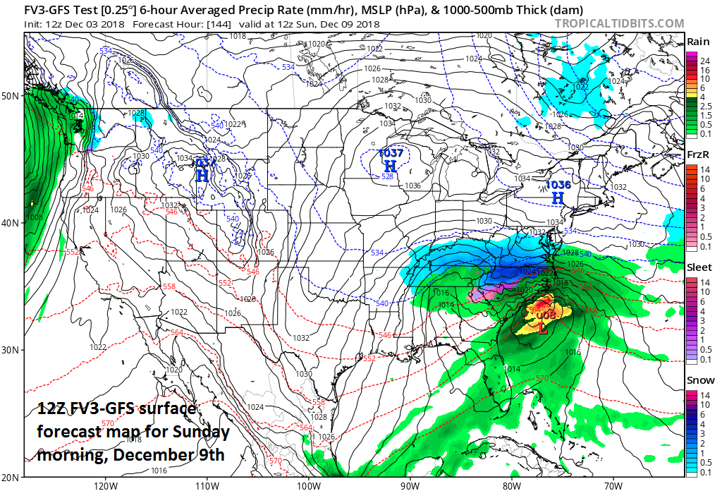 12Z FV3-GFS surface forecast map for Sunday morning, December 9th with snow extending northward from North Carolina into Virginia (shown in blue); courtesy NOAA/EMC, tropicaltidbits.com