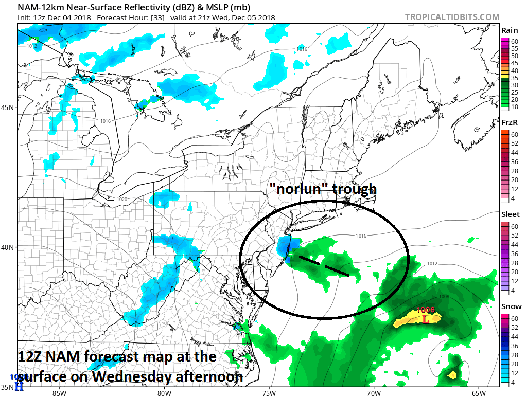 12Z NAM surface forecast map for tomorrow afternoon with a “norlun” trough extending to the northwest of a low pressure center centered over the western Atlantic; courtesy NOAA, tropicaltidbits.com