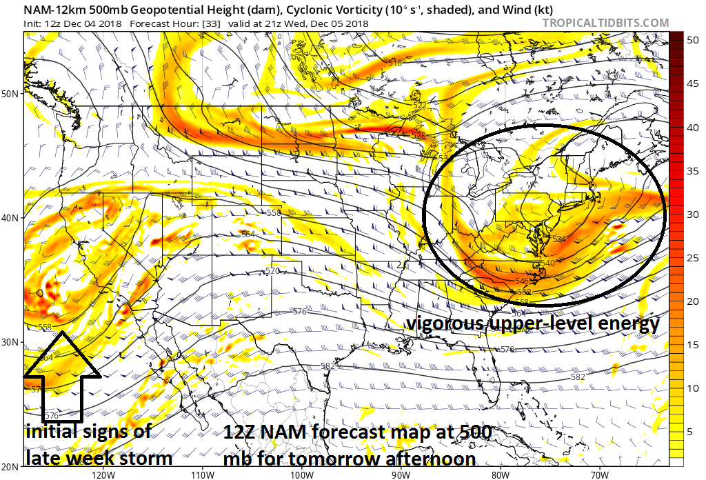 12Z NAM forecast map at 500 mb for tomorrow afternoon with a vigorous wave of energy in the atmosphere over the Mid-Atlantic region; courtesy NOAA, tropicaltidbits.com