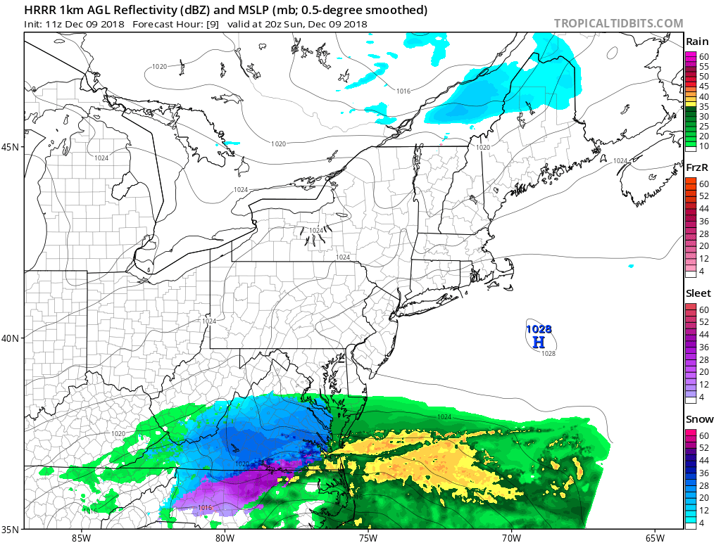 HRRR forecast map for later today with a sharp cutoff to the snow on the storm’s northern side’ courtesy NOAA