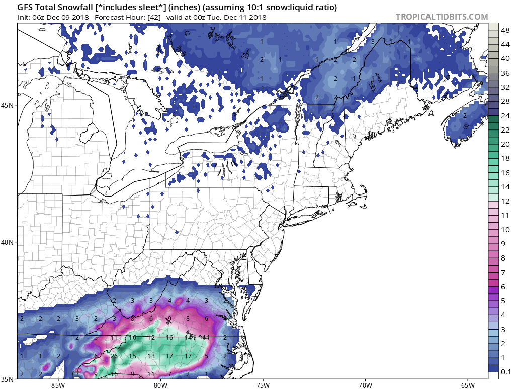 06Z GFS snowfall map for the upcoming storm with highest amounts across southern VA, western and central NC; courtesy NOAA