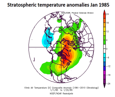 Stratospheric temperature anomalies during January 1985 with much above-normal temperatures on this side of the North Pole. This map has a "top-down" view of the Northern Hemisphere with the North Pole located right in the center and the US is positioned in the lower-central portion. Courtesy NOAA