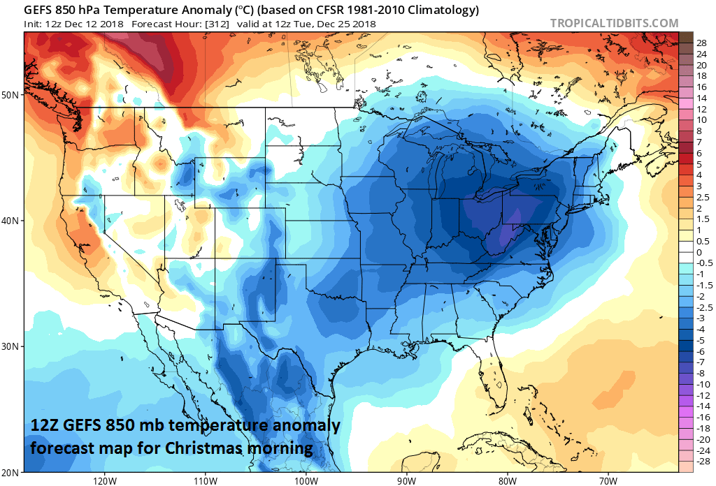 Long-range look at the 850 mb temperature anomalies for Christmas Day and the 12Z GEFS features quite cold air in the eastern half of the nation; courtesy NOAA/EMC, tropicaltidbits.com