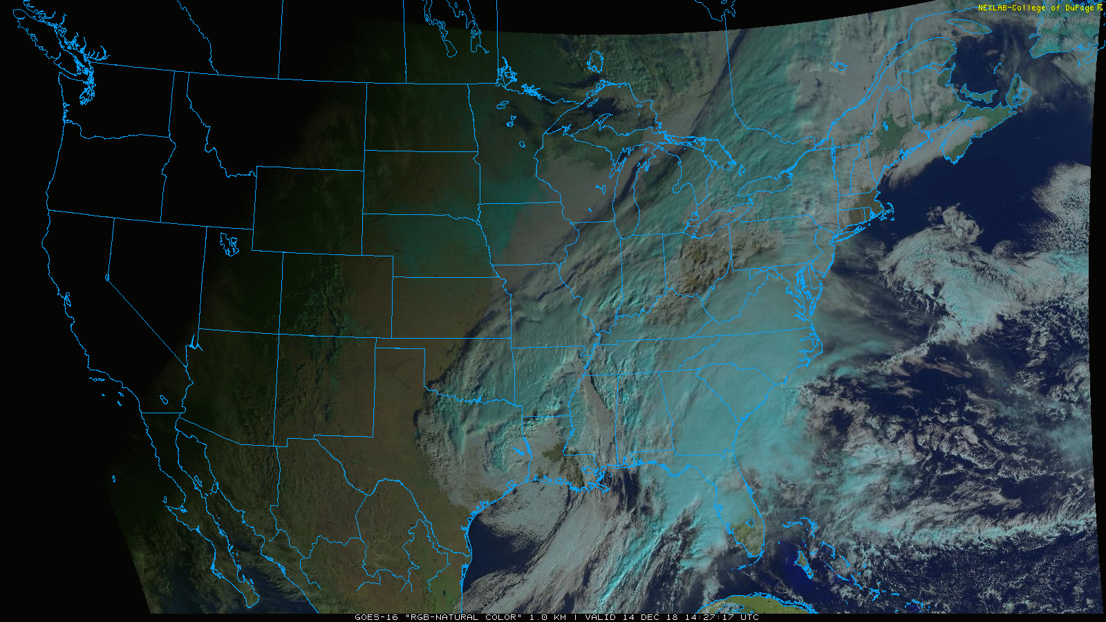 “Natural” color imagery loop of the unfolding complex storm system in the eastern US on Friday morning; courtesy NOAA/GOES-16, College of DuPage