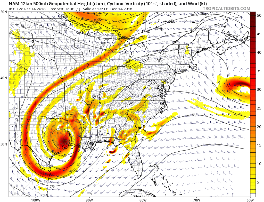 12Z NAM (12-km version) forecast maps at 500 mb for the next 72 hours (Friday morning to Monday morning) with a deep upper-level low moving from the Deep South to the Tennessee Valley and then to the Mid-Atlantic coastline; courtesy NOAA/EMC, tropicaltidbits.com