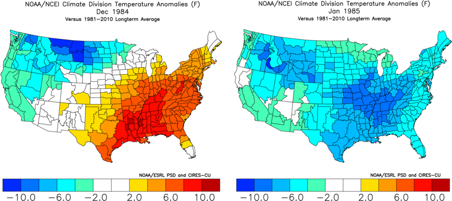 Stratospheric warming events can take several weeks to unfold between the time the warming first appears in the stratosphere near the pole and the time the cold air outbreaks reach the middle latitudes. In fact, there are examples in which extended significant warm ups took place before the “stratospheric warming induced” cool down (temperature anomalies December 1984, left; January 1985, right). Courtesy NOAA