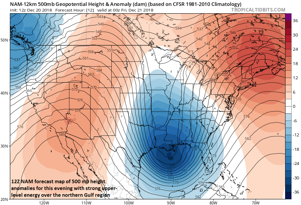 Strong upper-level (500 mb) low in the northern Gulf region contributing to severe weather today across the Deep South and supporting the formation of a powerful surface-level low pressure system; courtesy NOAA/tropicaltidbits.com