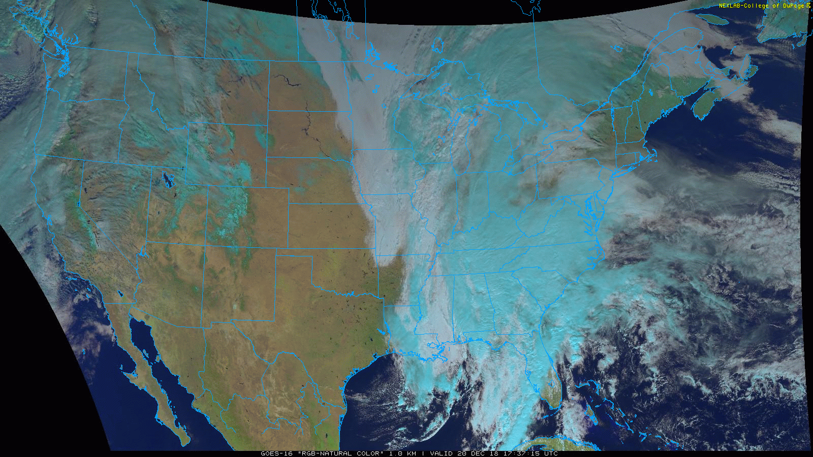 A powerful storm continues to develop in the Deep South and there is plenty of moisture flowing northward towards the Atlantic seaboard; courtesy NOAA/GOES-16 (“natural” color imagery), College of DuPage