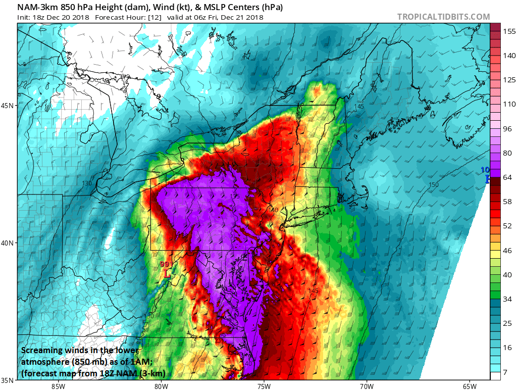 Powerful low-level jet to bring some very strong wind gusts to the Mid-Atlantic region in the overnight hours; courtesy NOAA/EMC, tropicaltidbits.com