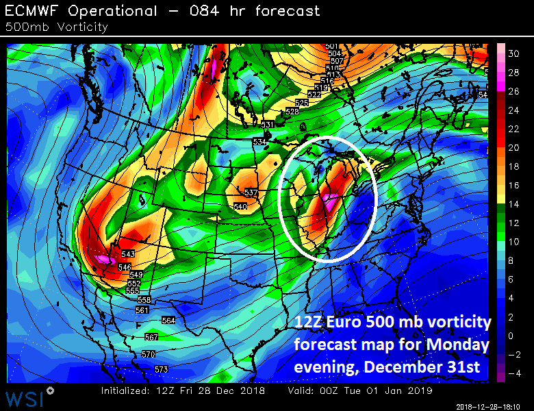 12Z Euro forecast map of 500 mb vorticity as of Monday evening, December 31st; courtesy WSI, Inc., ECMWF