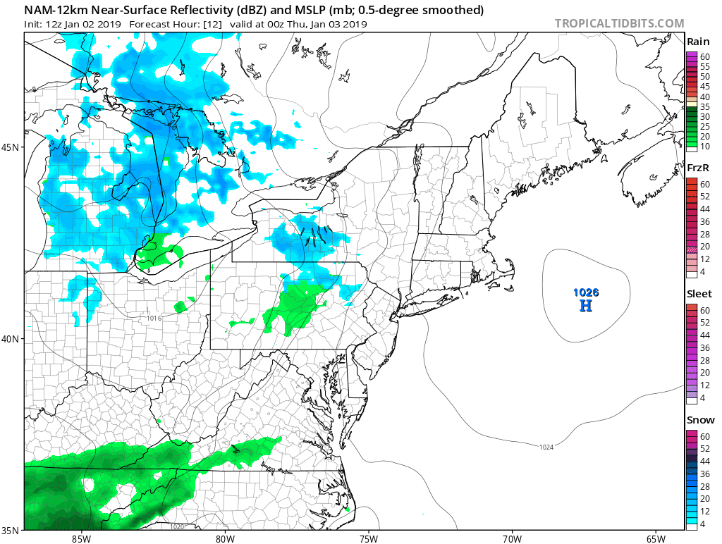 Two separate systems will impact the Mid-Atlantic region over the next few days. The first system is rather weak and skirts the region, the second will be stronger and spread more rain here on Friday night. Courtesy NOAA/EMC, tropicaltidbits.com (surface forecast loop by the 12Z NAM from hour 12 to hour 84).
